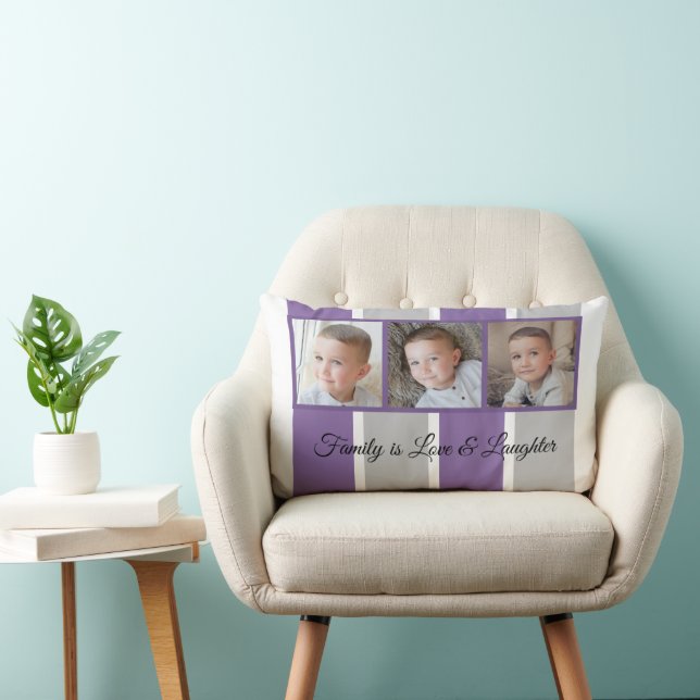 Purple grey and white photo collage family striped lumbar cushion (Chair)