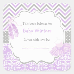Purple/Grey Ballerina Baby Shower Bookplate Square Sticker