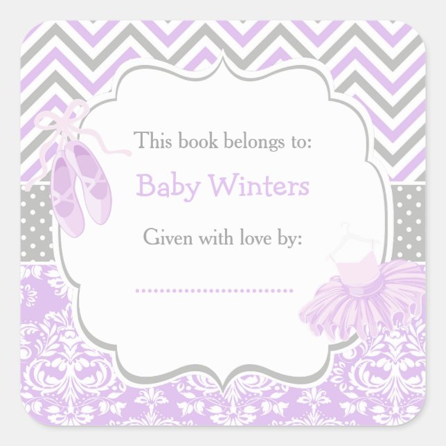 Purple/Grey Ballerina Baby Shower Bookplate Square Sticker (Front)