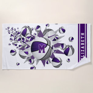 purple grey basketballs stars girls monogrammed beach towel