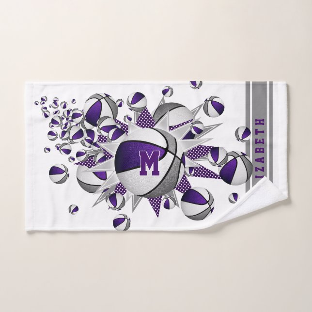 purple grey basketballs stars girls monogrammed hand towel (Hand Towel)
