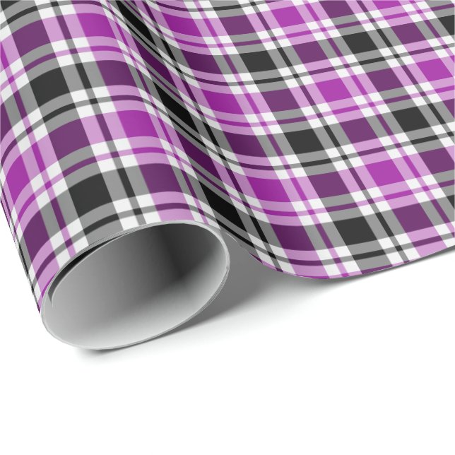 Purple, Grey, Black and White Plaid Wrapping Paper (Roll Corner)