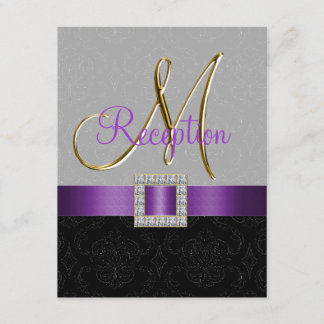 Purple Grey Black Damask Gold Reception Card