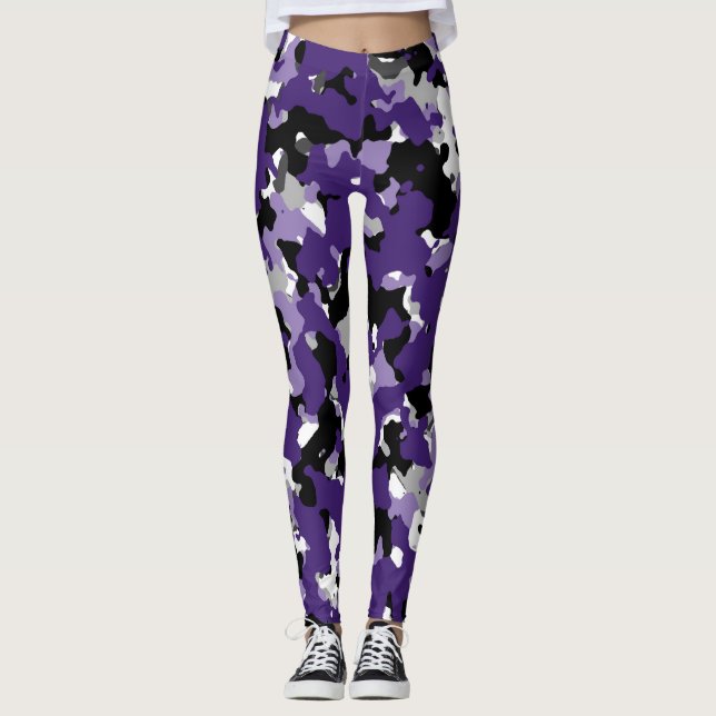 Purple Grey Black White Camouflage Camo Print Leggings (Front)
