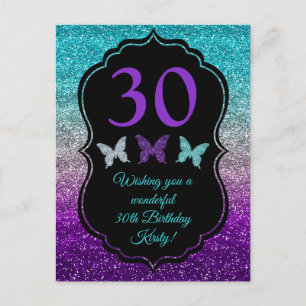 Purple, Grey & Blue Gradient Glitter Birthday Postcard