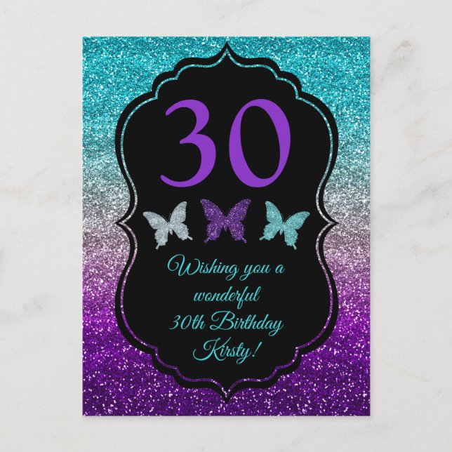 Purple, Grey & Blue Gradient Glitter Birthday Postcard (Front)