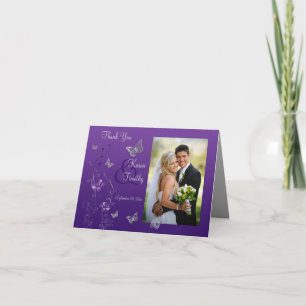 Purple Grey Butterfly Floral Photo Thank You Card