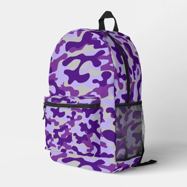 Purple Grey Camouflage  Printed Backpack (Back Corner Right)
