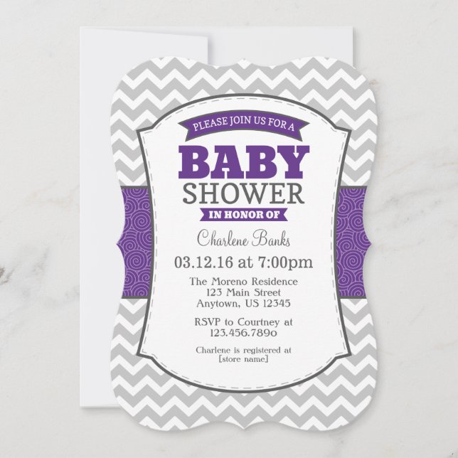 Purple Grey Chevron Baby Shower Invitation (Front)
