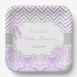 Purple & Grey Chevron Ballerina Baby Shower Paper Plate