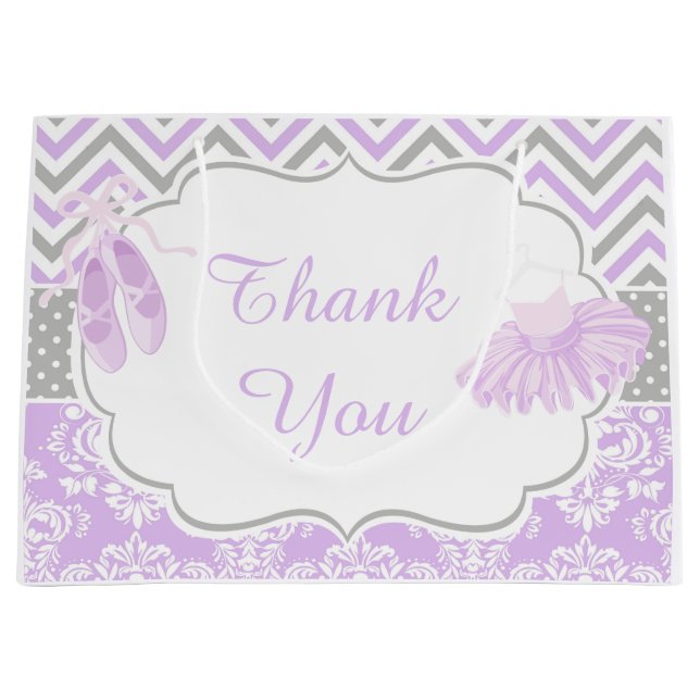 Purple  Grey Chevron Ballerina Birthday Thankyou Large Gift Bag (Front)