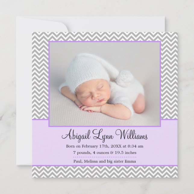 Purple Grey Chevron Girl Photo Birth Announcement (Front)