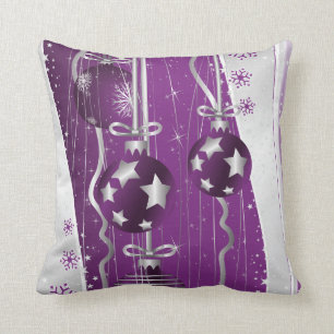 Purple, grey Christmas balls stars and snowflakes Cushion