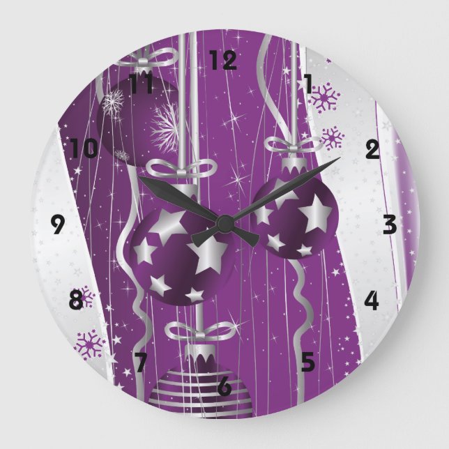 Purple, grey Christmas balls stars and snowflakes Large Clock (Front)