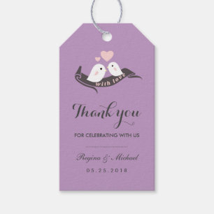 Purple Grey Cute Love Birds Wedding Gift Tag