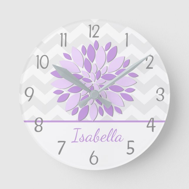 Purple Grey Dahlia Flower Nursery Wall Clock (Front)