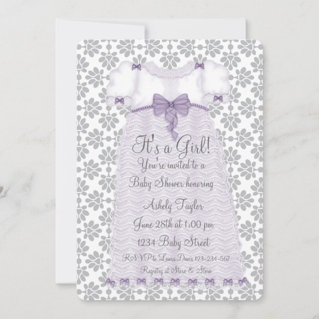 Purple Grey Damask Baby Girl Shower Invitation (Front)