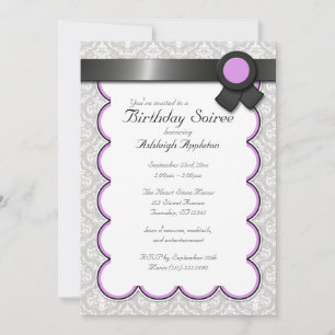 Purple & Grey Damask Birthday Soiree Invitations