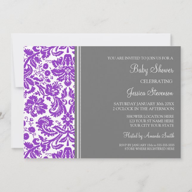 Purple Grey Damask Custom Baby Shower Invitations (Back)