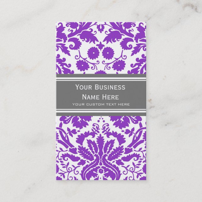 Purple Grey Damask Floral Business Cards (Front)