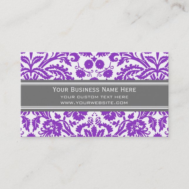 Purple Grey Damask Floral Business Cards (Front)