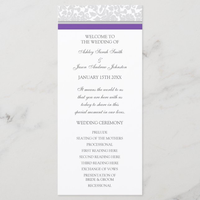 Purple Grey Damask Wedding Program Programme (Front)