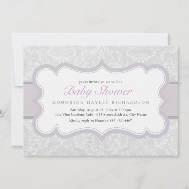 Purple & Grey Elegant Damask Baby Shower Invite (Front)