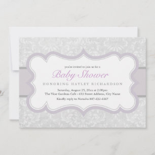 Purple & Grey Elegant Damask Baby Shower Invite