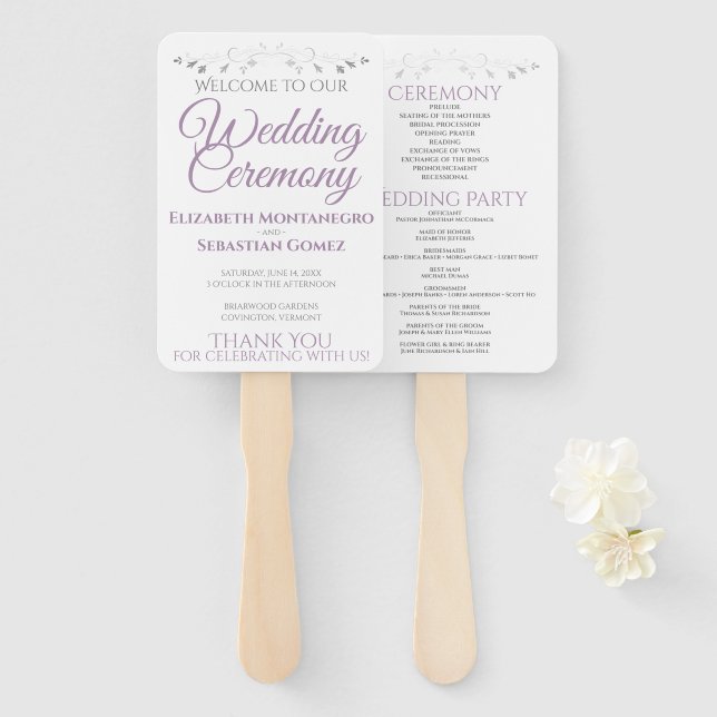 Purple & Grey Elegant Wedding Fans with Program (Front and Back)