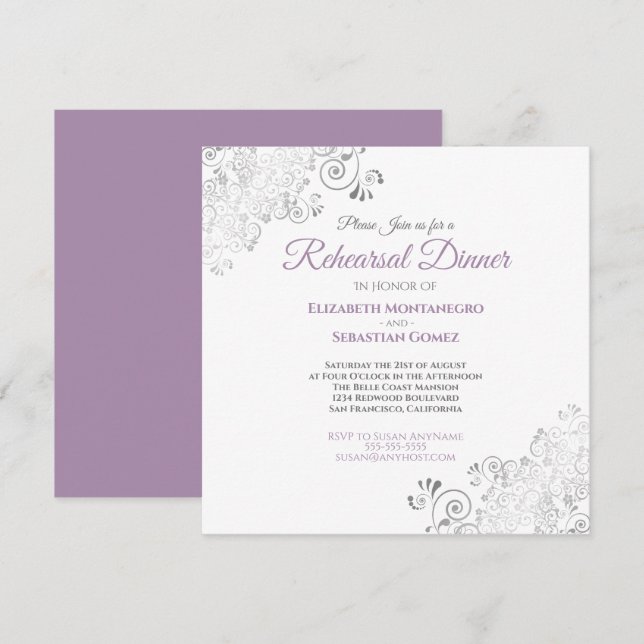 Purple Grey Elegant Wedding Rehearsal Dinner Invitation (Front/Back)
