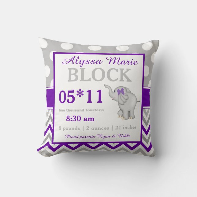 Purple Grey Elephant Baby Announcement Pillow (Front)