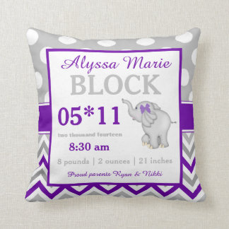 Purple Grey Elephant Baby Announcement Pillow