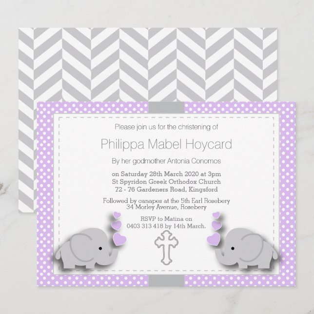 Purple & Grey Elephant 🐘 Baby - Christening Invitation (Front/Back)