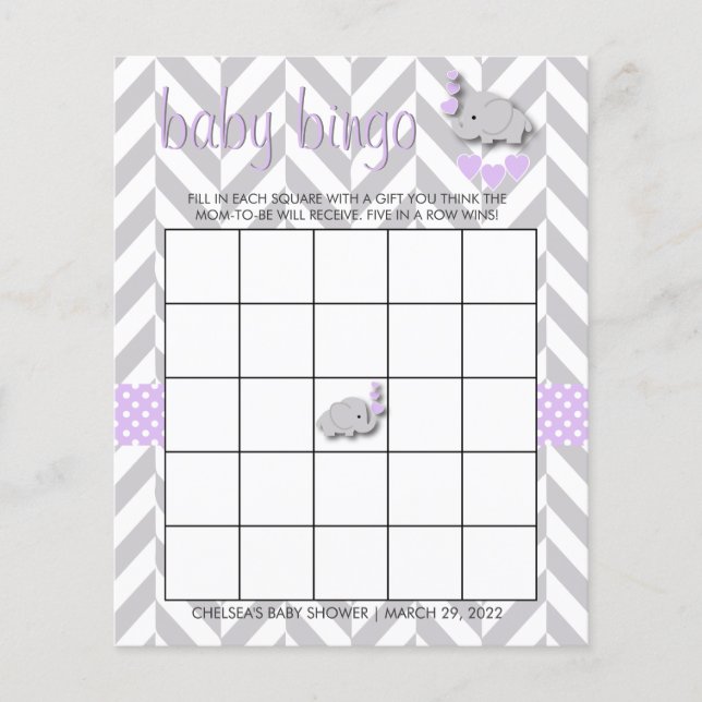 Purple & Grey Elephant Baby Shower - Bingo Flyer (Front)