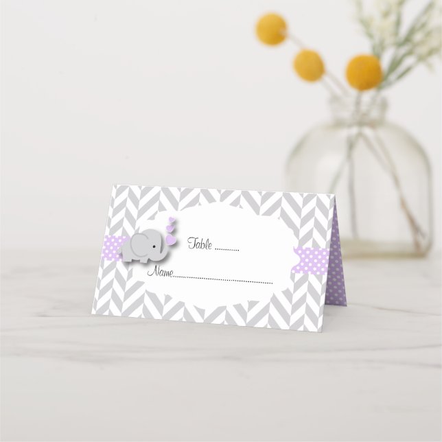 Purple & Grey Elephant Baby Shower Place Card (Front)