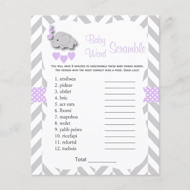 Purple & Grey Elephant Baby Shower - Scramble Flyer (Front)