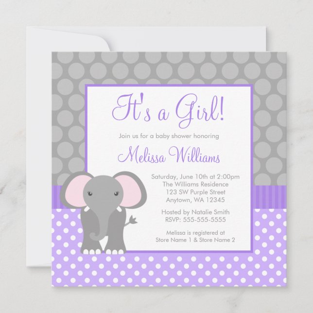 Purple Grey Elephant Polka Dot Girl Baby Shower Invitation (Front)