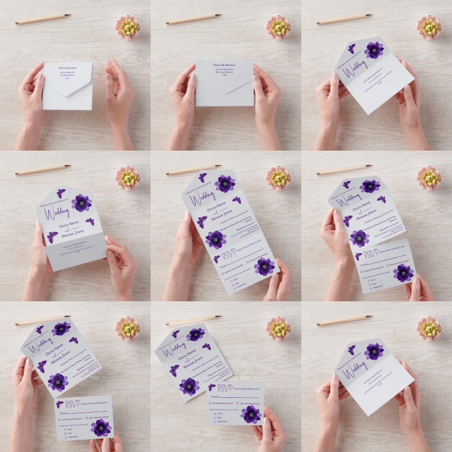 Purple Grey Floral All in One Wedding Invite