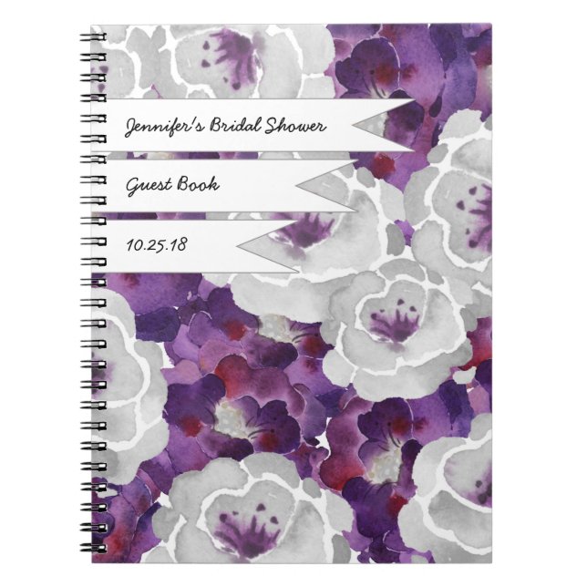 Purple Grey Floral Bridal shower guest book (Front)