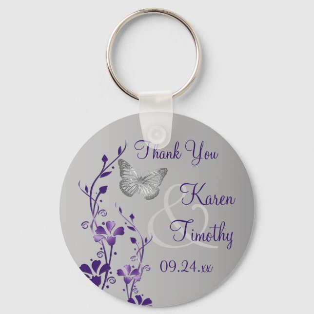 Purple, Grey Floral Butterflies Wedding Favour Key Ring (Front)