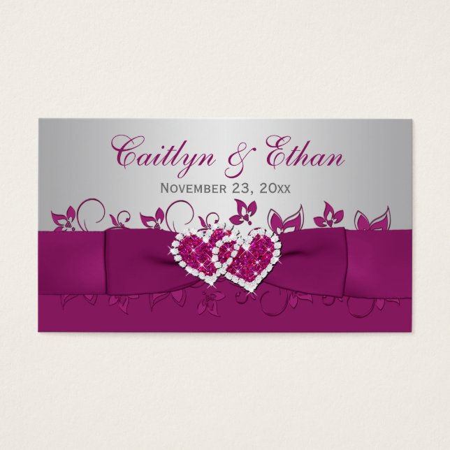 Purple, Grey Floral, Hearts Wedding Favour Tag (Front)