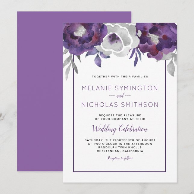 Purple Grey Floral wedding celebration invitations (Front/Back)