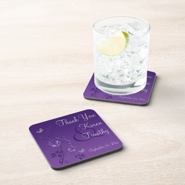 Purple Grey Floral Wedding Coaster Set (6) (Right Side)