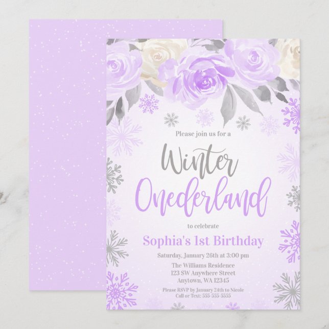 Purple Grey Floral Winter ONEderland 1st Birthday Invitation (Front/Back)