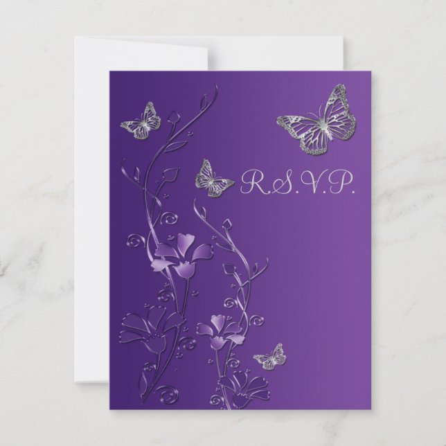 Purple, Grey Floral with Butterflies RSVP Card 2 (Front)