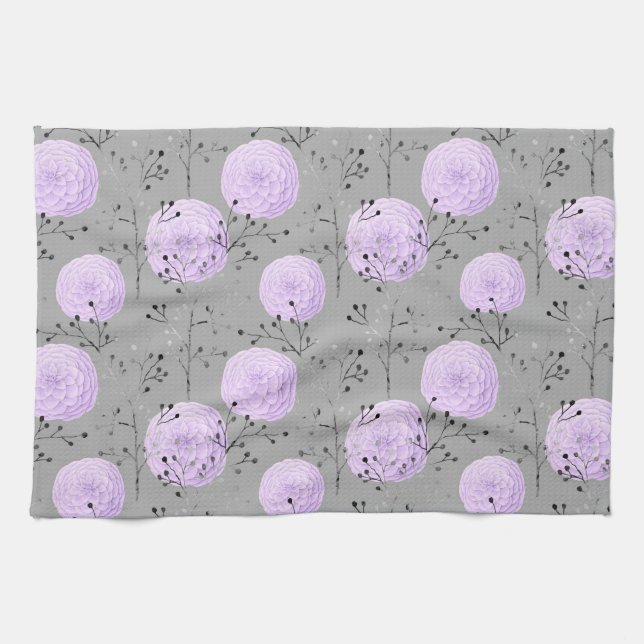 Purple Grey Flower Leaves Floral Pattern Tea Towel (Horizontal)