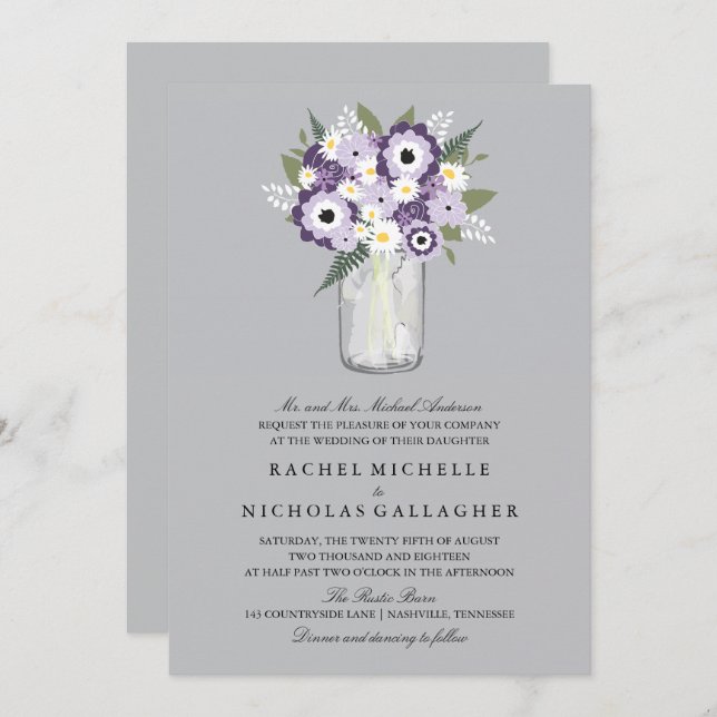 Purple Grey Flowers Mason Jar  | Wedding Invitation (Front/Back)