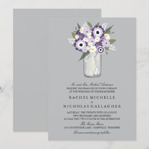 Purple Grey Flowers Mason Jar Wedding Invitation