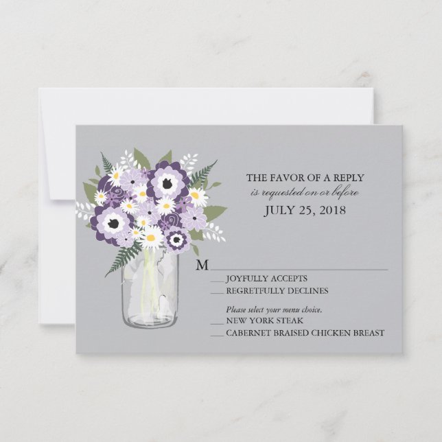Purple Grey Flowers Mason Jar | Wedding RSVP (Front)