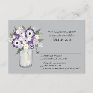 Purple Grey Flowers Mason Jar Wedding RSVP Card